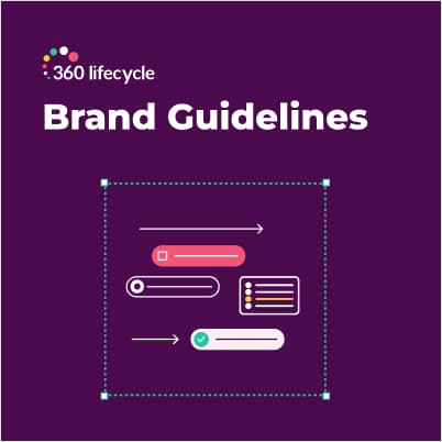 360 Lifecycle Brand Guidelines cover: the wordmark above a line-drawn interface badge on a midnight purple ground.