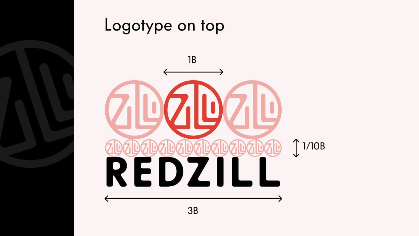 Redzill logo spacing guidance with the logotype set below the mark